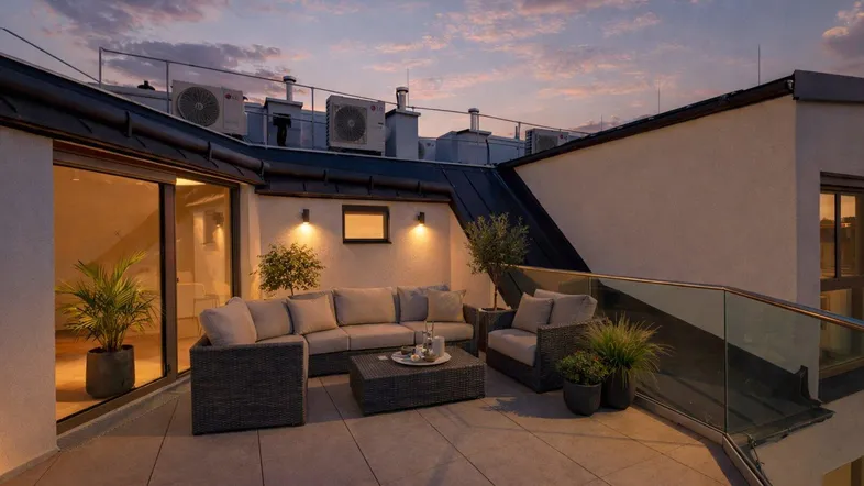 Möblierte Dachterrasse bei Sonnenuntergang mit Lounge-Bereich und Stadtblick.
