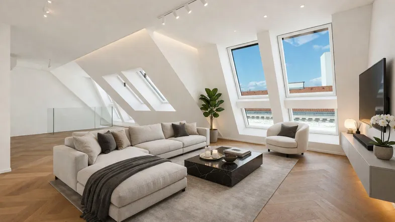 Helles, modern eingerichtetes Wohnzimmer mit Dachschrägen, großen Fenstern und Parkettboden.