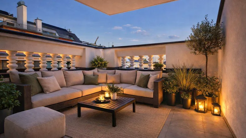 Gemütliche Dachterrasse mit bequemen Loungemöbeln, Pflanzen und stimmungsvoller Beleuchtung am Abend.