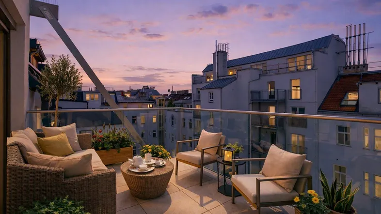 Gemütlicher Balkon mit Sitzgelegenheiten und Blick auf die Stadt bei Sonnenuntergang.
