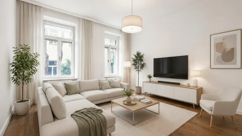 Helles, modern eingerichtetes Wohnzimmer mit beigem Ecksofa, Holzboden und großen Fenstern.