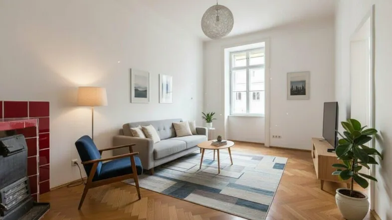 Helles Wohnzimmer mit Fischgrätparkett, modernem Sofa und einem traditionellen Kaminofen.