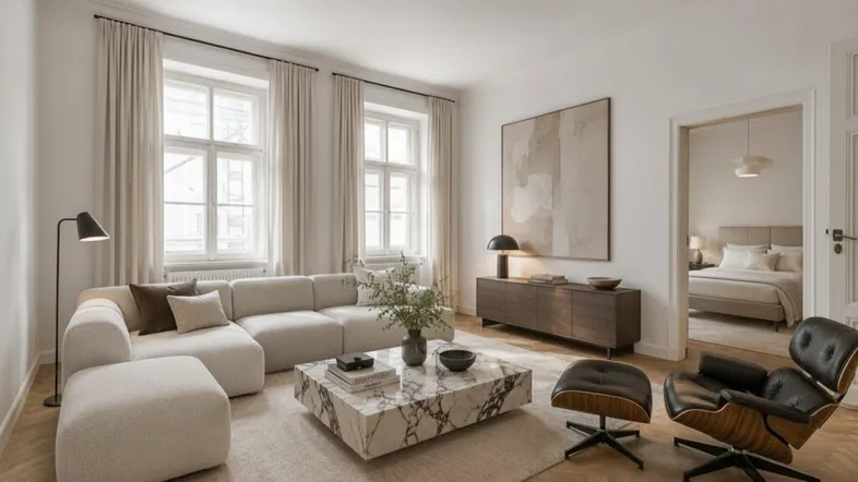 Helles, modern eingerichtetes Wohnzimmer mit beigem Sofa, Marmor-Couchtisch und Blick ins Schlafzimmer.