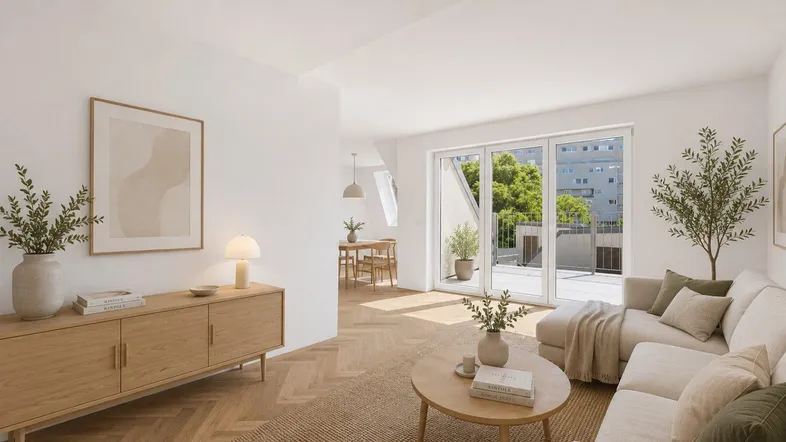 Helles Wohnzimmer mit modernem Interieur, Fischgrätparkett und Zugang zur Terrasse.