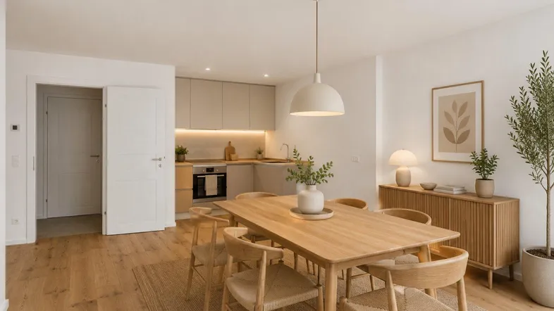 Moderne offene Wohnküche mit Essbereich, Holzboden und heller Einrichtung, ideal für geselliges Beisammensein.