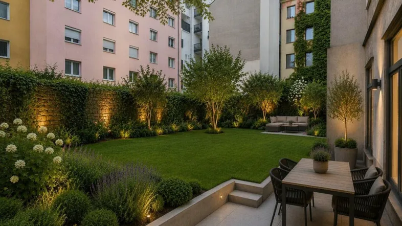 Gepflegter Hinterhofgarten mit Rasenfläche, Beleuchtung und möblierter Terrasse für Entspannung.
