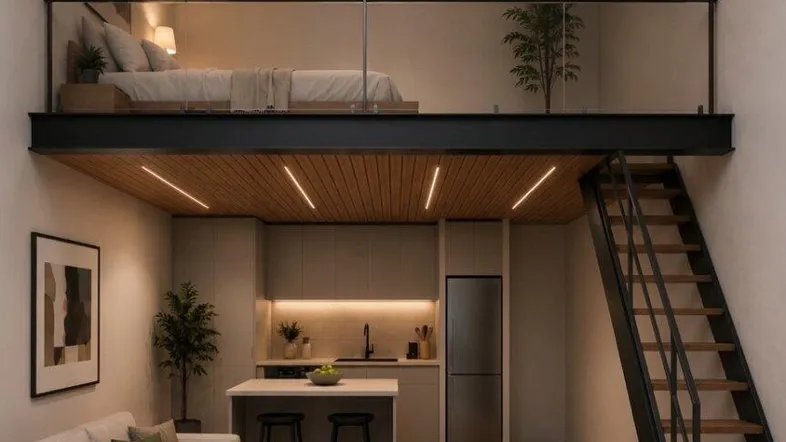 Modernes Loft-Apartment mit offenem Wohnbereich, integrierter Küche und Schlafzimmer auf einer Galerie.