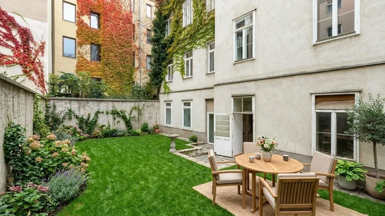 Gepflegter Innenhofgarten mit Rasenfläche und möblierter Terrasse, umgeben von begrünten Fassaden.