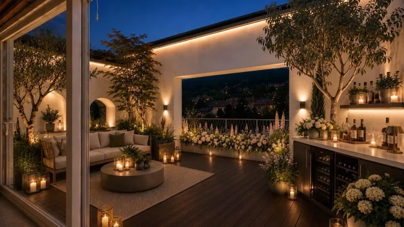 Luxuriöse Dachterrasse bei Nacht mit stimmungsvoller Beleuchtung, gemütlicher Sitzecke und Bar.