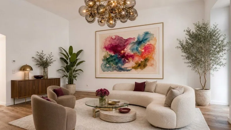 Helles, modernes Wohnzimmer mit stilvollen Möbeln, einem großen Kunstwerk und Holzboden.