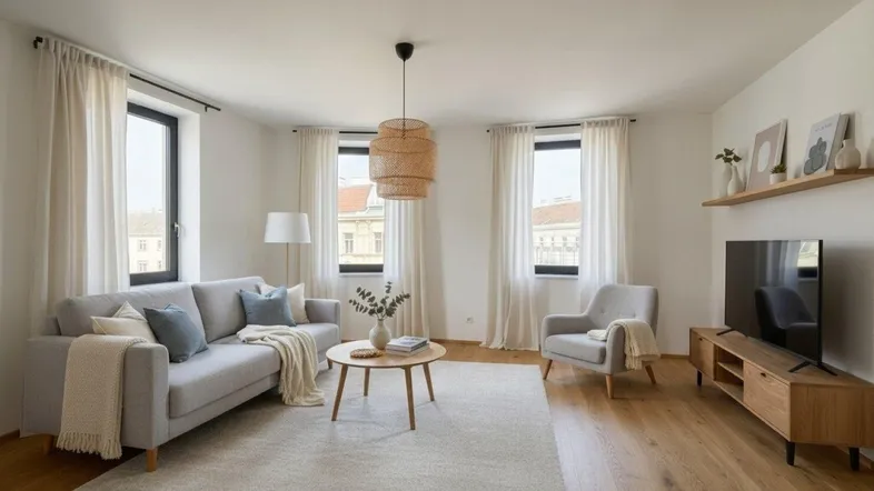 Helles Wohnzimmer mit modernem Sofa, Holzboden und großen Fenstern, die viel Tageslicht hereinlassen.