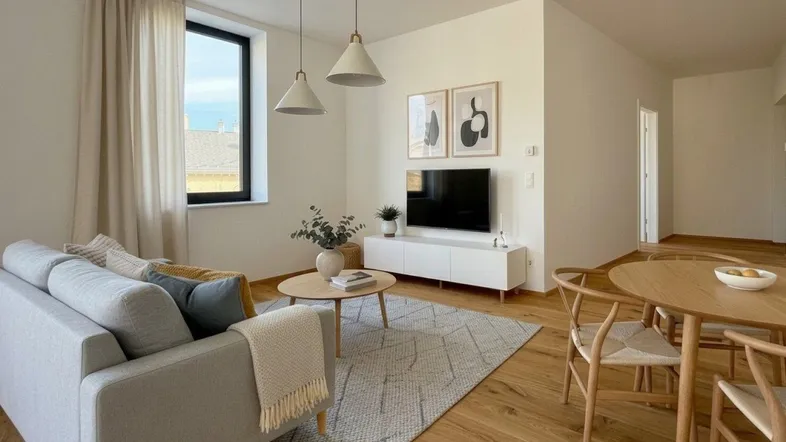 Heller, offener Wohn- und Essbereich mit modernem Design, Holzboden und großen Fenstern.
