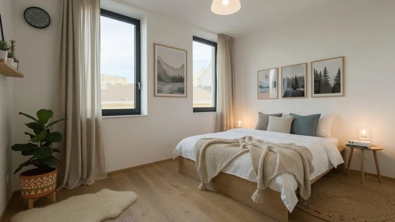Helles Schlafzimmer mit Holzboden, großen Fenstern und moderner Einrichtung, ideal für erholsame Nächte.