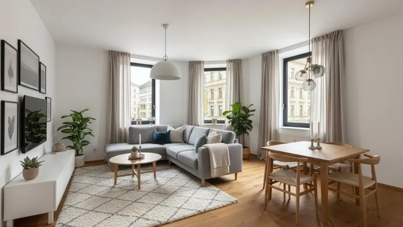 Heller, offener Wohn- und Essbereich mit modernem Design, Holzboden und großen Fenstern.