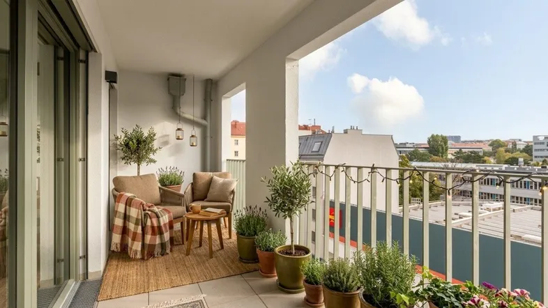 Gemütlicher Balkon mit bequemen Sitzmöbeln, vielen Pflanzen und weitem Blick über die Stadt.