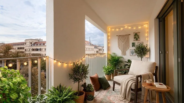Gemütlicher Balkon mit Lichterketten, Pflanzen und bequemen Sitzgelegenheiten, ideal zum Entspannen.