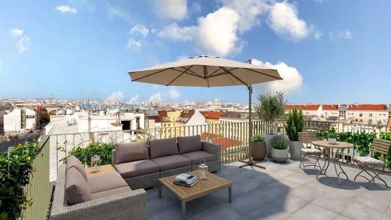Geräumige Dachterrasse mit modernen Loungemöbeln, Esstisch, Sonnenschirm und weitem Stadtblick.