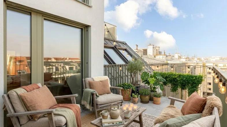 Gemütlicher Balkon mit bequemen Sitzgelegenheiten, Pflanzen und weitem Blick über die Stadt.