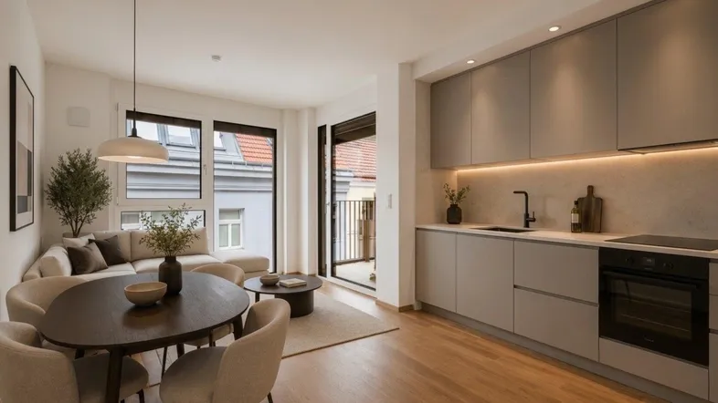 Moderner offener Wohn- und Essbereich mit integrierter Küche, Holzboden und Zugang zum Balkon.