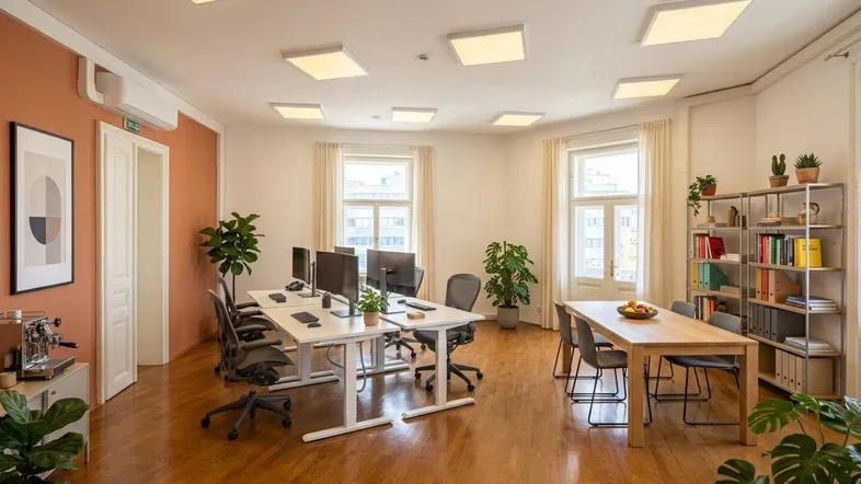 Helles und geräumiges Büro mit mehreren Arbeitsplätzen, Holzboden und großen Fenstern, die viel Tageslicht hereinlassen.