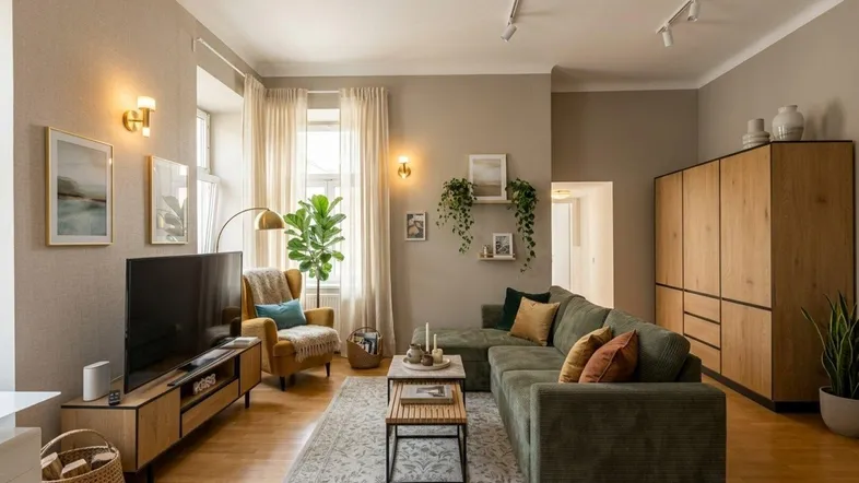 Helles Wohnzimmer mit beigem Sofa, Holzboden und modernen Möbeln, ideal zum Entspannen.