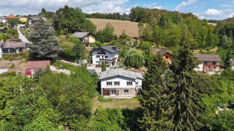 Luftaufnahme einer Wohnsiedlung in hügeliger, grüner Landschaft mit mehreren Häusern unter bewölktem Himmel.