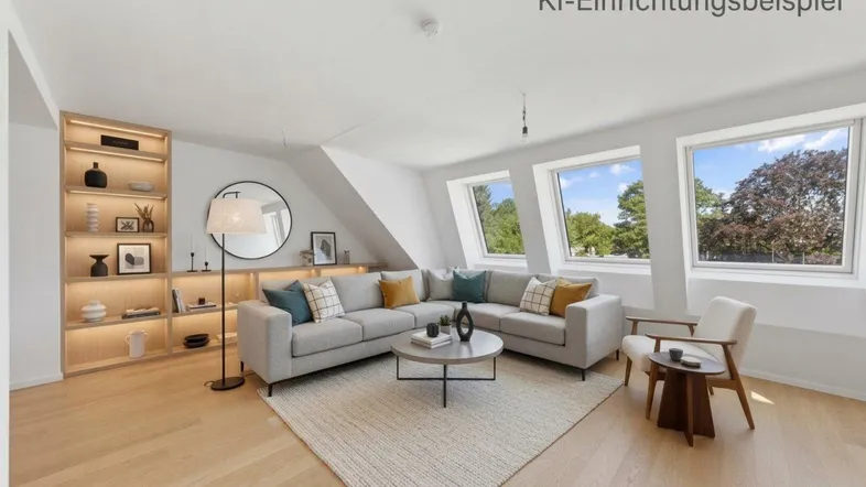 Helles Wohnzimmer mit Dachschrägen, großen Fenstern und moderner KI-Einrichtung.