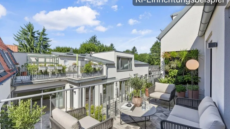 Möblierter Balkon mit modernen Outdoor-Möbeln und Blick auf die umliegenden Gebäude und Grünflächen.