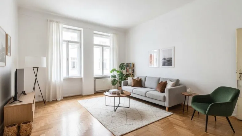 Helles Wohnzimmer mit Fischgrätparkett, hohen Decken und moderner Einrichtung, ideal zum Entspannen.