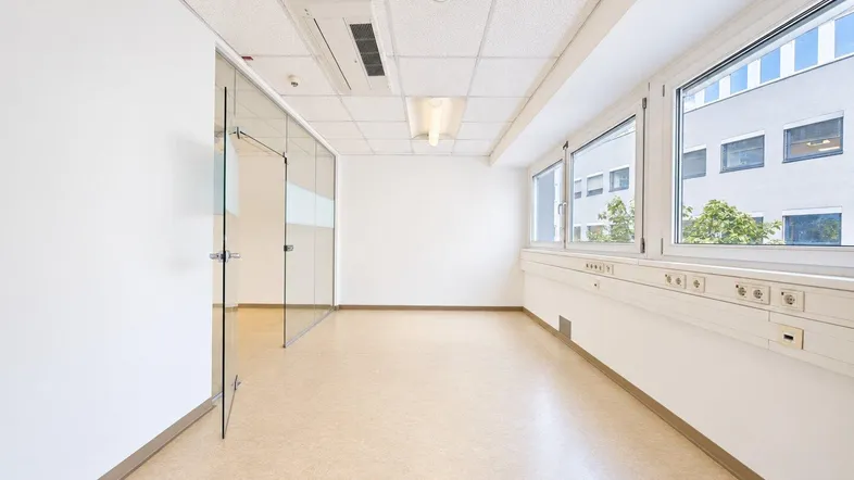 Heller Büroraum mit großen Fenstern, Glasabtrennung und abgehängter Decke.