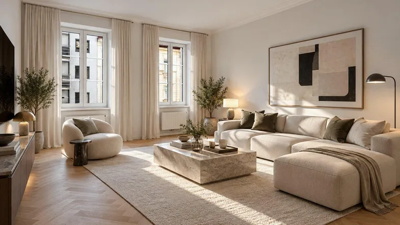 Helles, modern eingerichtetes Wohnzimmer mit Fischgrätparkett, beigem Sofa und großem Teppich.