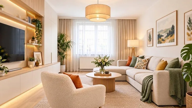 Helles, modern eingerichtetes Wohnzimmer mit beigem Sofa, Holzelementen und integriertem TV-Möbel.