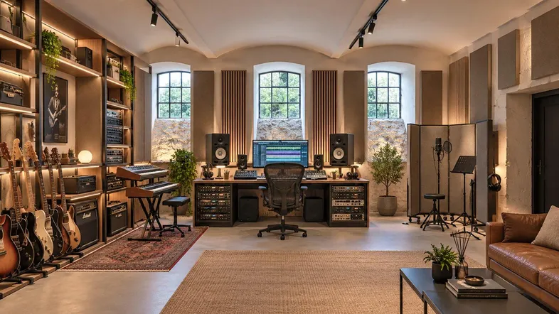 Professionelles Musikstudio mit hochwertiger Ausstattung, vielen Instrumenten und gemütlicher Sitzecke, ideal für Kreative.