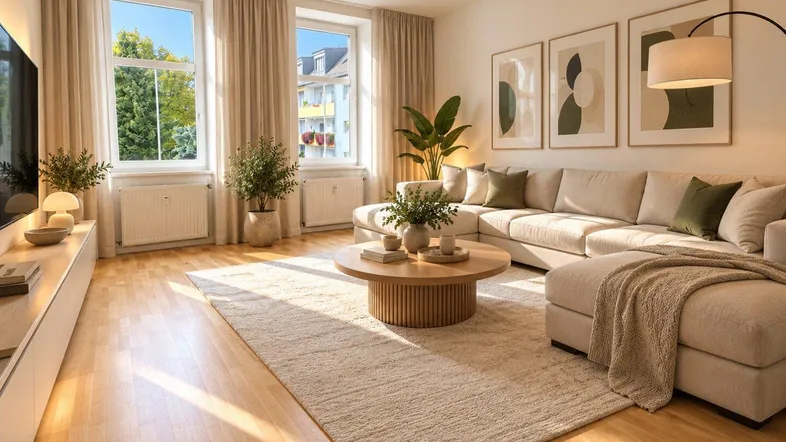 Helles, modern eingerichtetes Wohnzimmer mit Parkettboden und großen Fenstern.