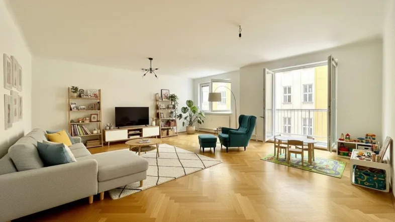 Helles Wohnzimmer mit Fischgrätparkett, modernen Möbeln und Zugang zum Balkon.