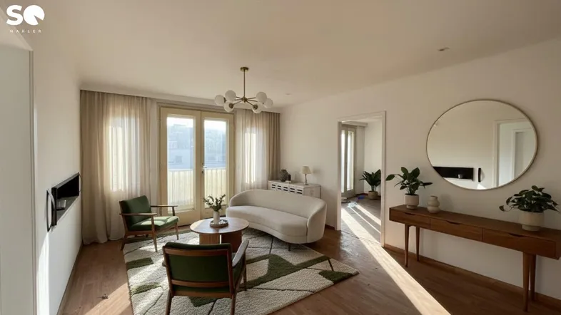 Helles Wohnzimmer mit modernem Design, Holzboden und Zugang zum Balkon.