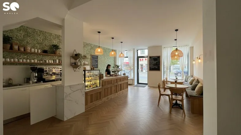Modernes Ladenlokal mit Holzboden, Theke und Sitzgelegenheiten, ideal für ein Café oder Geschäft.