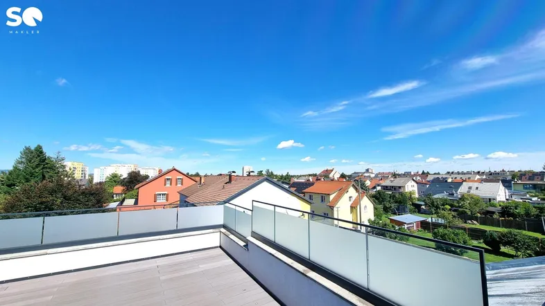 Große Dachterrasse mit modernem Glasgeländer und weitem Blick über die umliegende Wohngegend.