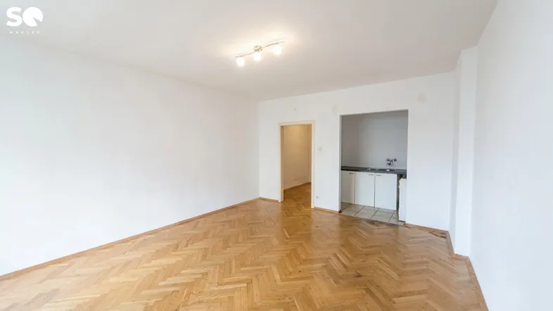 Helles Wohnzimmer mit Fischgrätparkettboden und einer integrierten Kochnische in einem Alkoven.