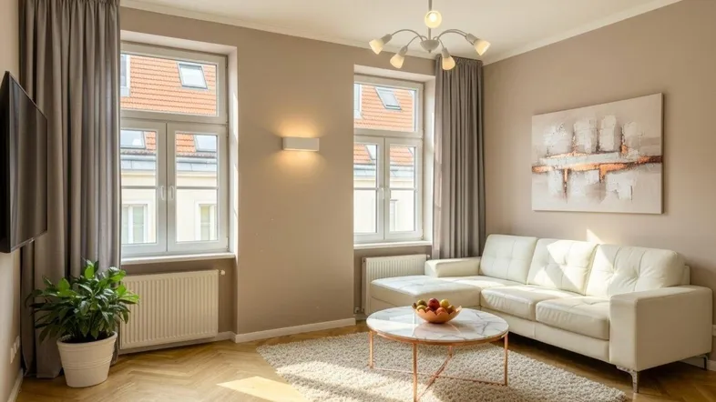 Helles Wohnzimmer mit Fischgrätparkett, beigen Wänden und moderner Einrichtung.