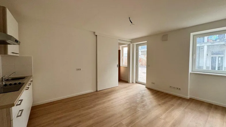 Heller Wohnbereich mit integrierter Küchenzeile, Laminatboden und Zugang zu einem Außenbereich.