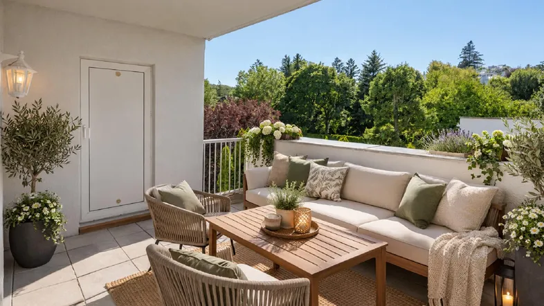 Heller Balkon mit bequemen Gartenmöbeln und Blick ins Grüne, ideal zum Entspannen im Freien.