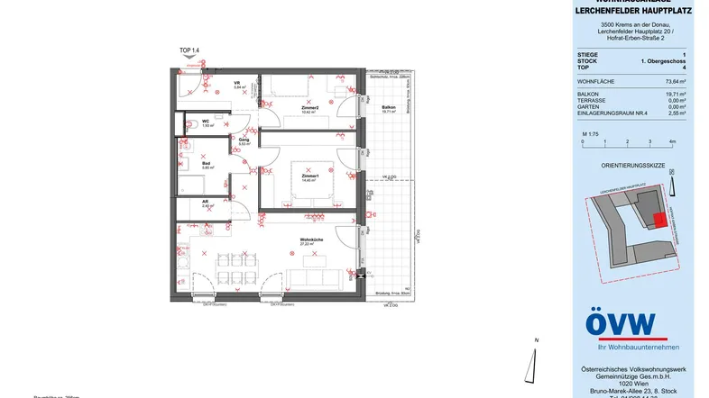Grundriss einer modernen Wohnung mit drei Zimmern, einem Balkon und zwei Bädern.