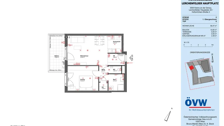 Grundriss einer modernen Wohnung mit einem Schlafzimmer, offenem Wohnbereich und großem Balkon.