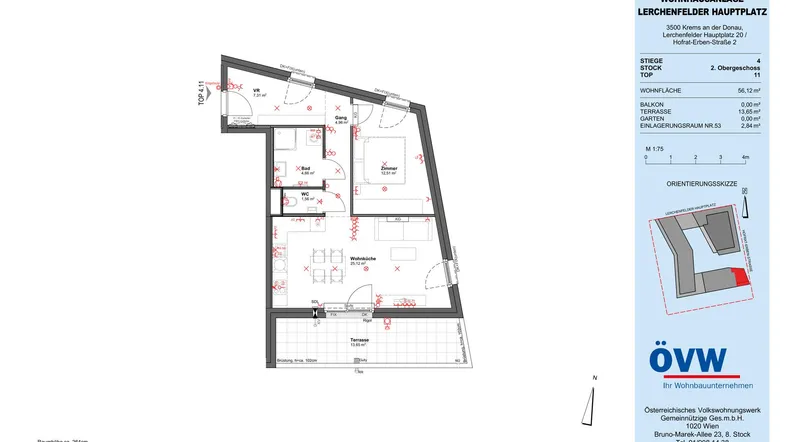 Detaillierter Grundriss einer 56 m² Wohnung mit offener Wohnküche, Schlafzimmer und großer Terrasse.