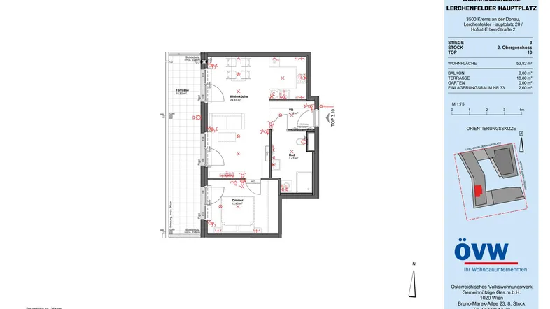 Grundriss einer modernen Wohnung mit offenem Wohnbereich, Schlafzimmer und großer Terrasse.