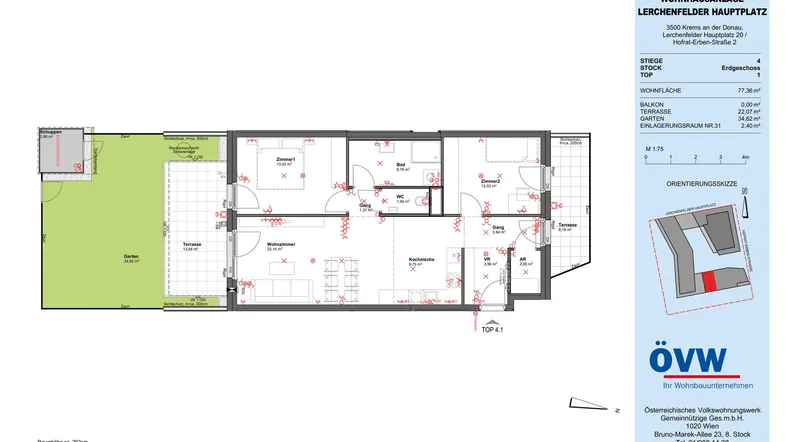 Grundriss zeigt eine Wohnung mit zwei Schlafzimmern, offenem Wohnbereich, Bad, separatem WC, Garten und Terrasse.