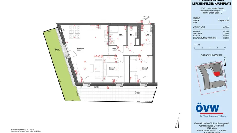Grundriss einer Wohnung mit offener Wohnküche, zwei Schlafzimmern, Bad, separatem WC, Terrasse und Garten.