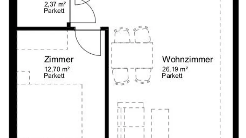 Detaillierter Grundriss einer Wohnung mit Wohnzimmer, Schlafzimmer, Bad, Küche, Terrasse und Mietergarten.