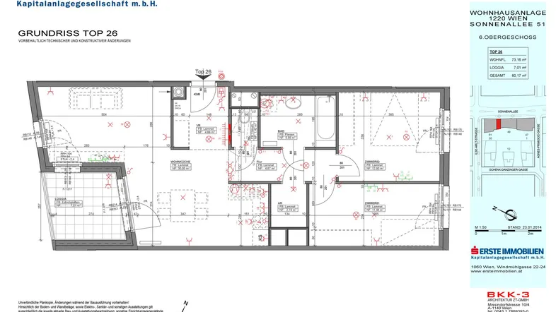 Detaillierter Grundriss einer Wohnung mit mehreren Zimmern und einem Balkon im 6. Obergeschoss.